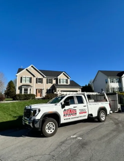 Capital Region NY — new roof on a beige two-story colonial — Ultimate Roofing